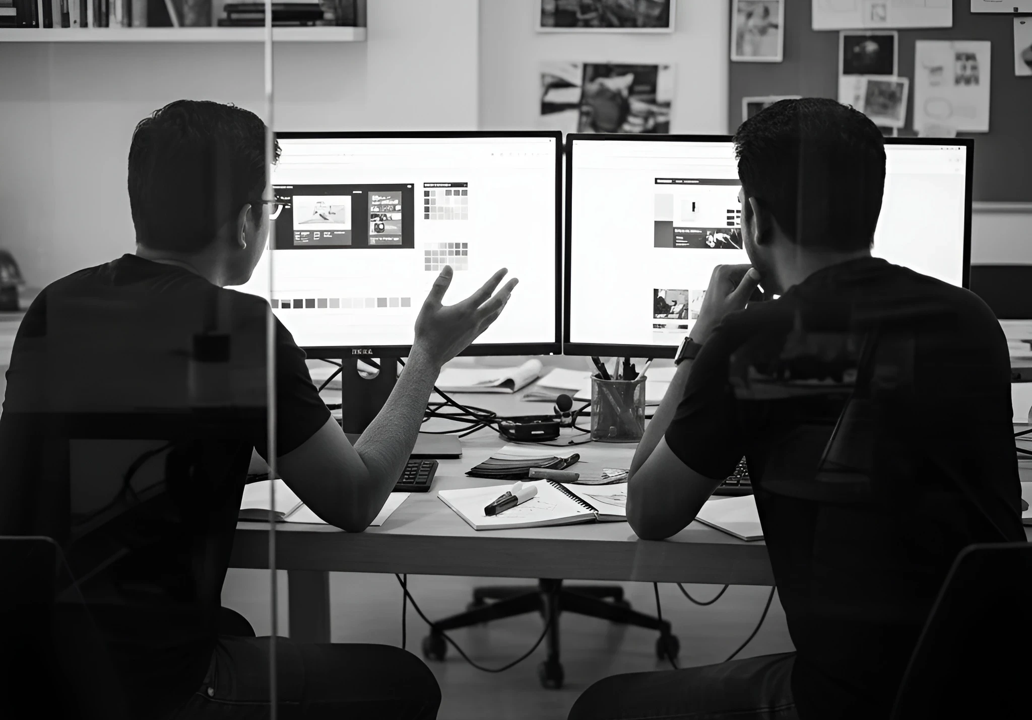 Black and white image of people working at a table with laptops, showing hands gesturing during discussion of digital content displayed on screens, with fabrica® logo in the corner.