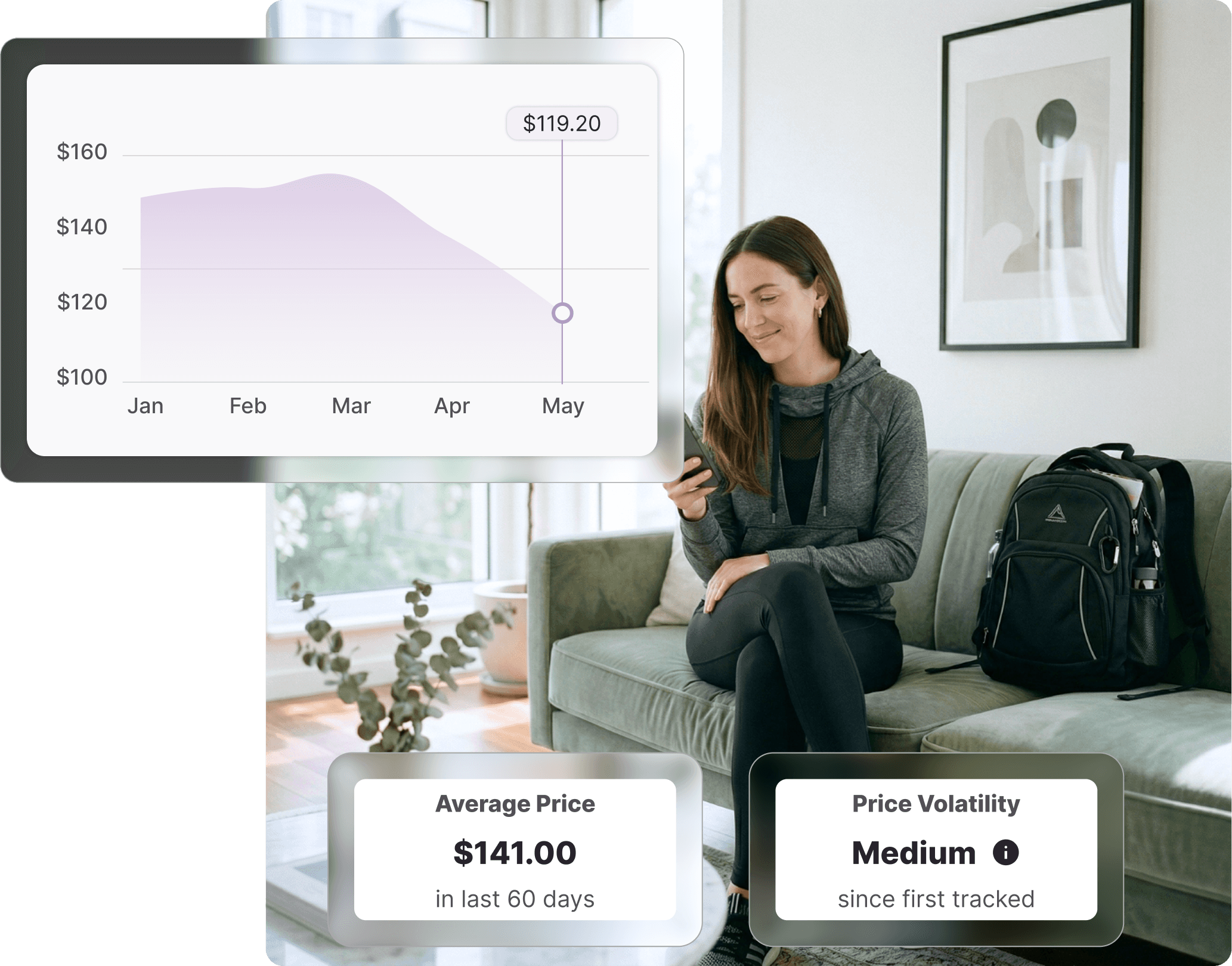 Woman in lululemon-style athletic wear sitting on a couch checking her phone, with a backpack beside her and a price history chart showing a drop to $119.20 overlaid on the left.