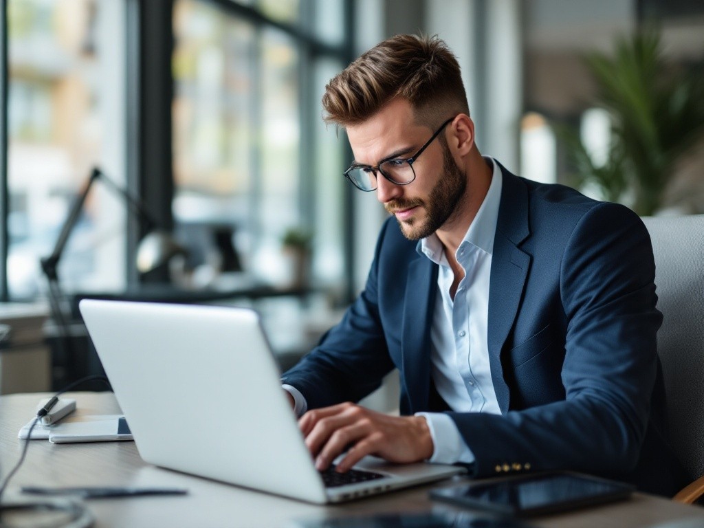 A businessman working on his laptop in an office.