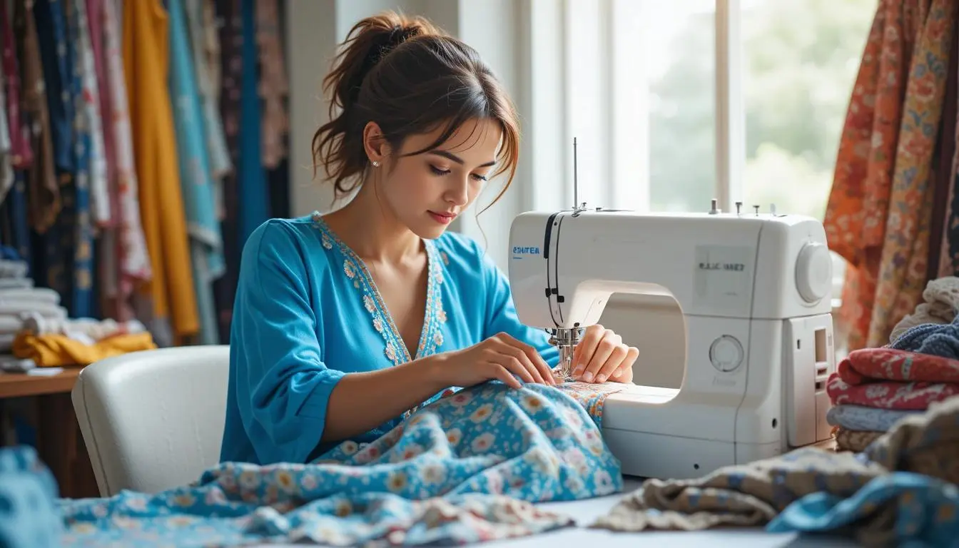 jeune femme avec machine à coudre