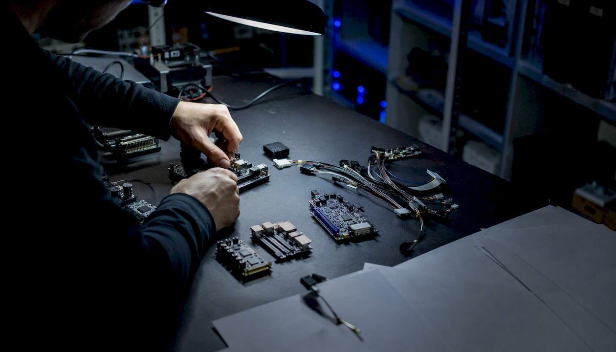 Hands adjusting modular hardware in dark engineering workspace