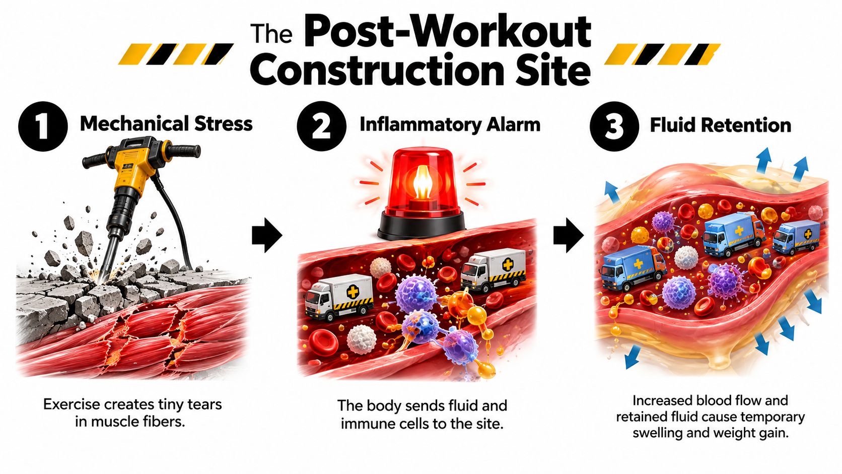 An infographic showing how exercise causes muscle tears, inflammation, and temporary fluid retention leading to weight gain.