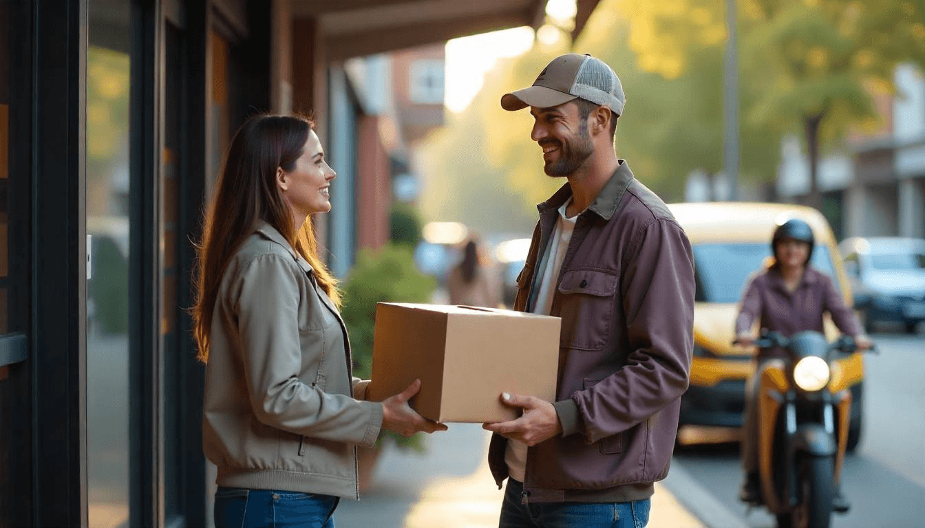 A French delivery man handing over a package in France from ShippMe's logistics company