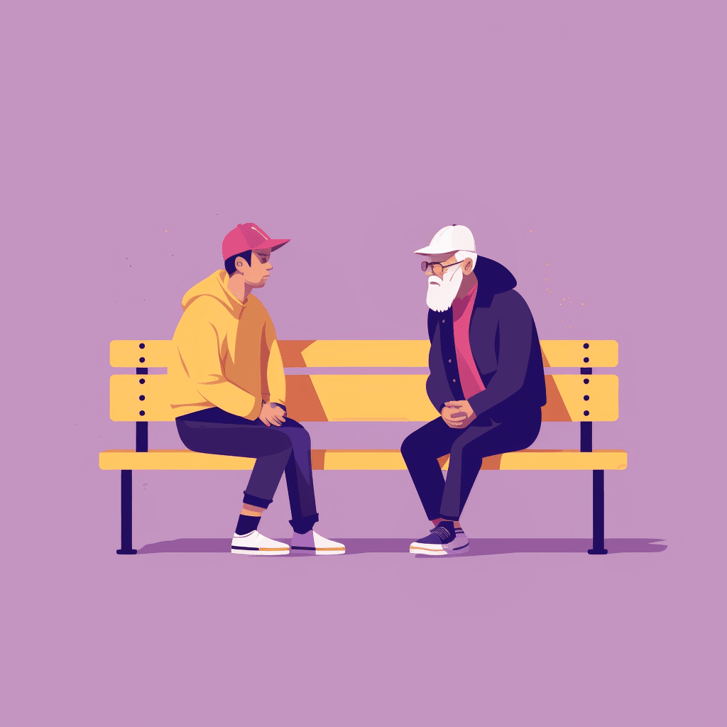  A young man and an older man sitting on bench.