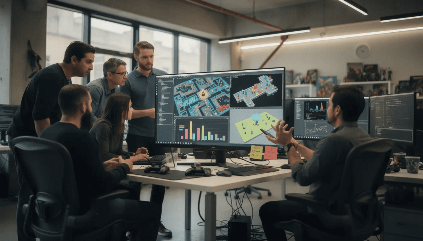 A team of game developers is gathered around a large monitor in a modern studio, analyzing data visualizations to conduct effective market research. They are focused on understanding industry trends and consumer behavior to gain actionable insights for their upcoming game project.