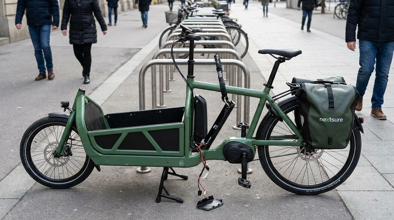 E-Lastenrad mit abgezogenem Akku an einem Fahrradständer in der Stadt