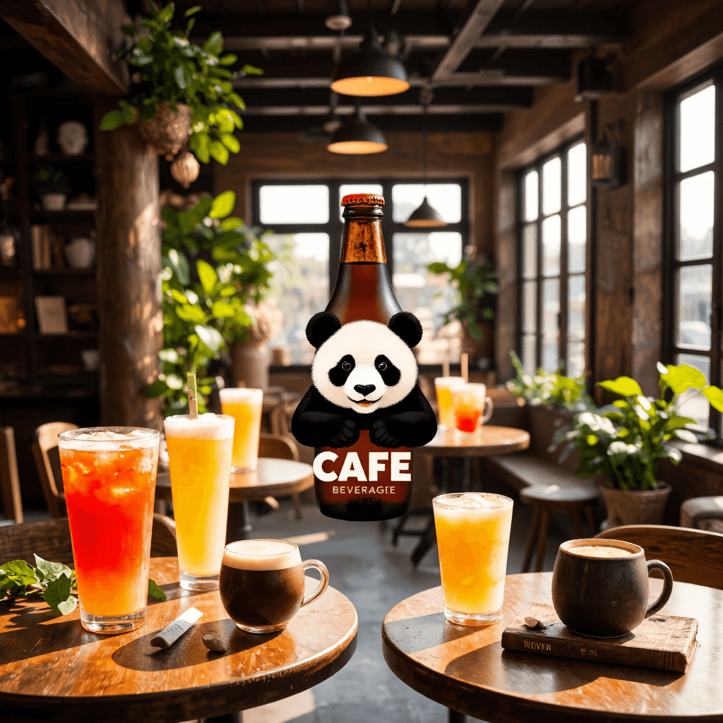 product photography of logo design featuring a panda resting on a brown bottle