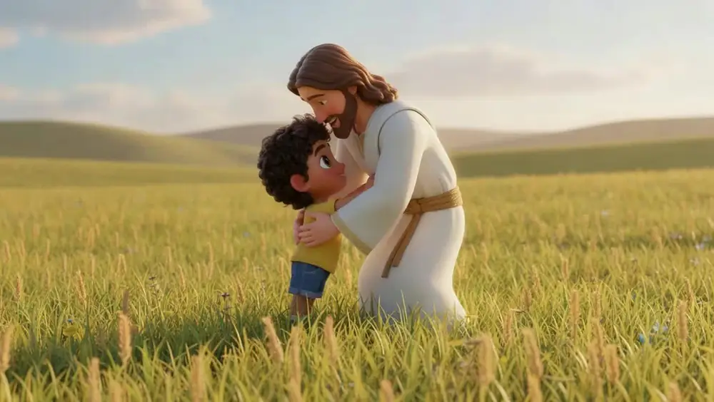 Scene 20: Jesus hugging the boy in a golden field