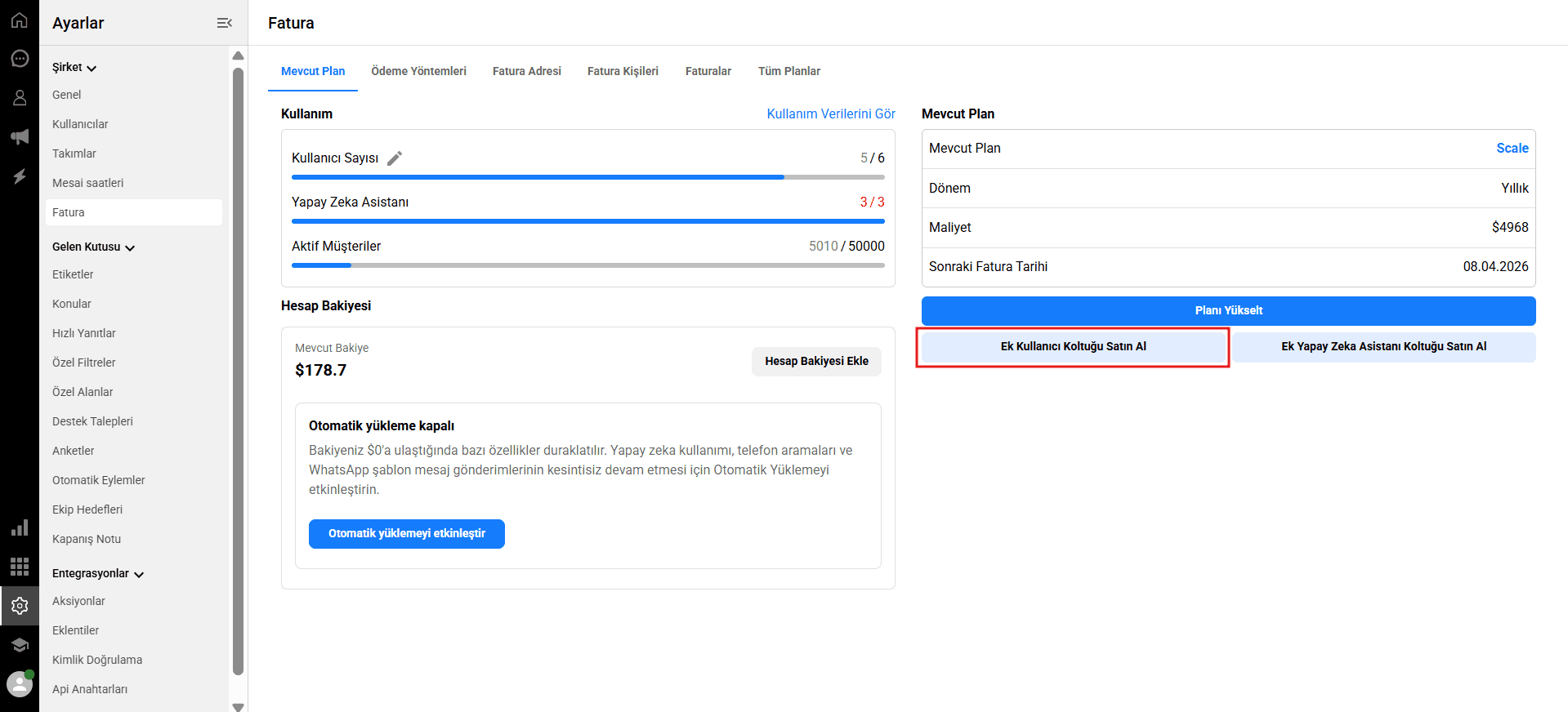 Buy additional user seat button in Qpien billing settings