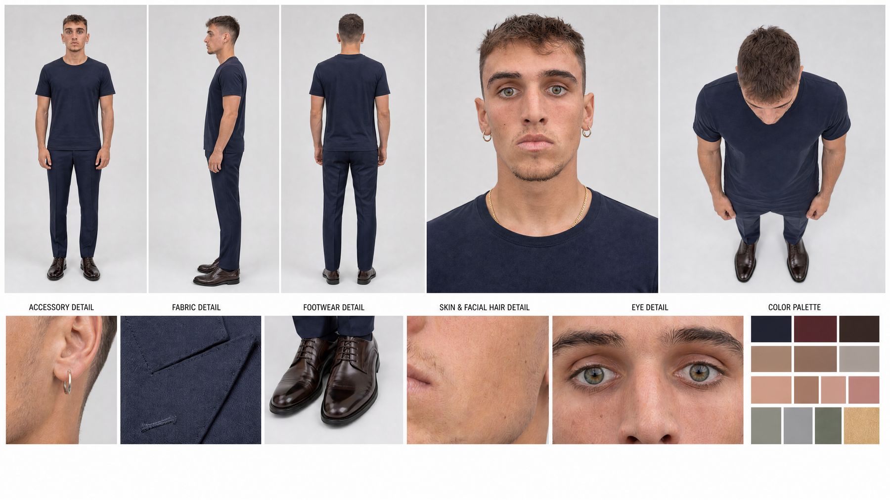 Navy tee and trousers, dark brown derbies.