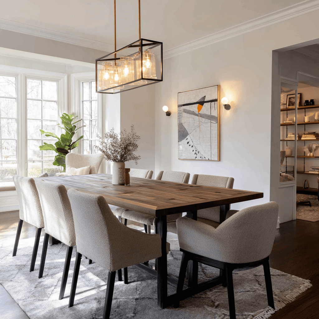 A dining room table surrounded by chairs, illuminated by a stylish pendant light overhead.
