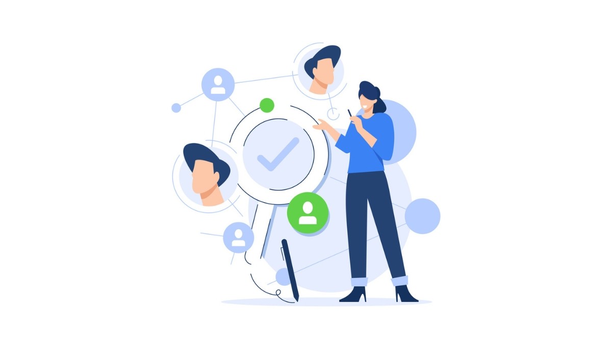 Illustration of a professional woman interacting with a digital network of user profiles, symbolizing how job recruiters evaluate candidates.