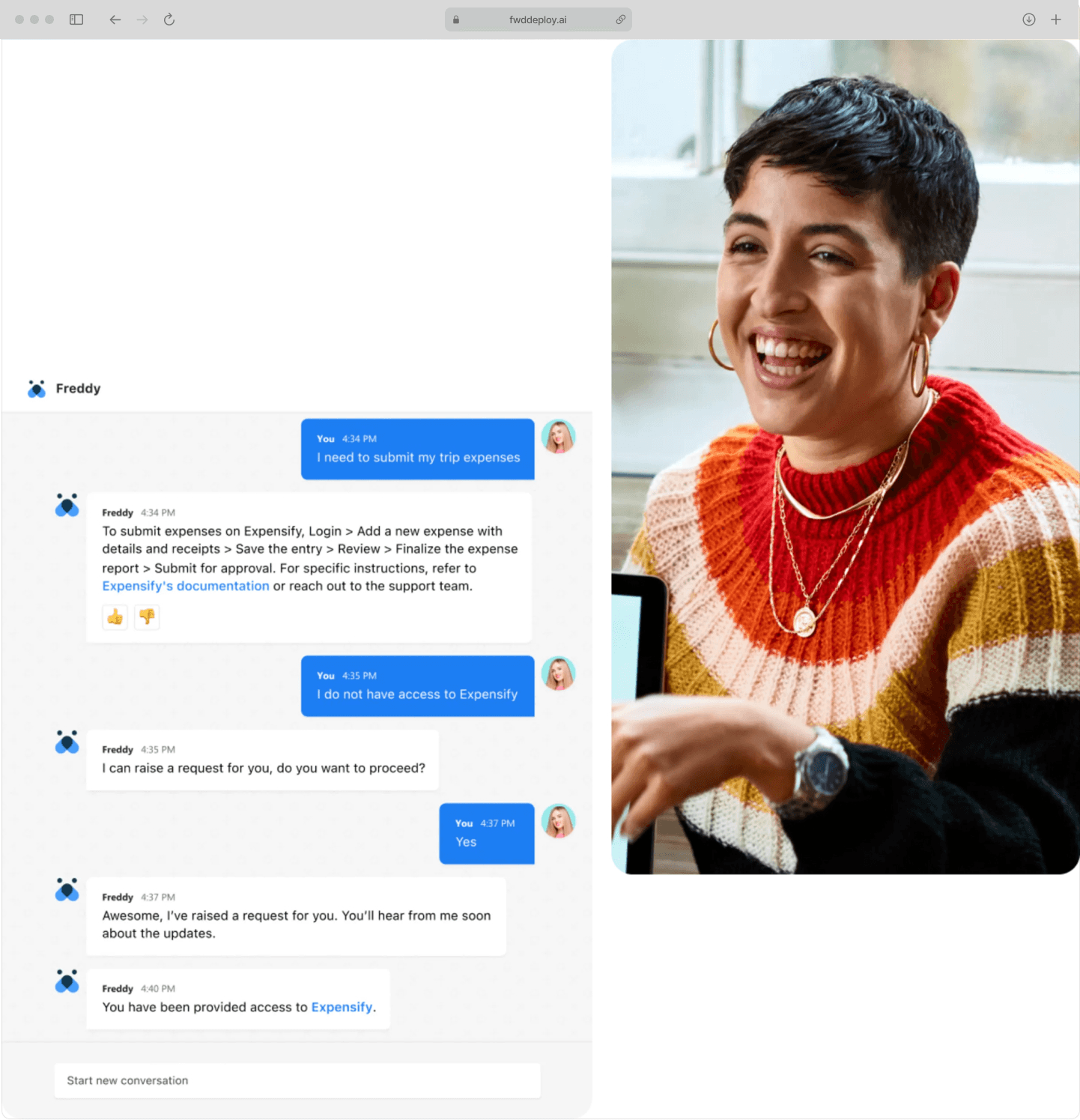 Freshservice Freddy AI chatbot interface showing an employee asking "VPN not working" and the bot responding with troubleshooting steps and ticket creation options