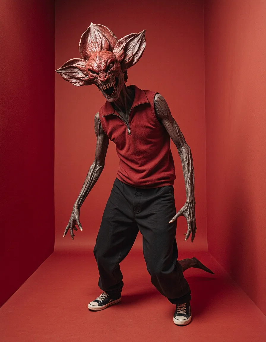 Creature character in red athletic wear and casual pants against red studio background showing bold fashion photography