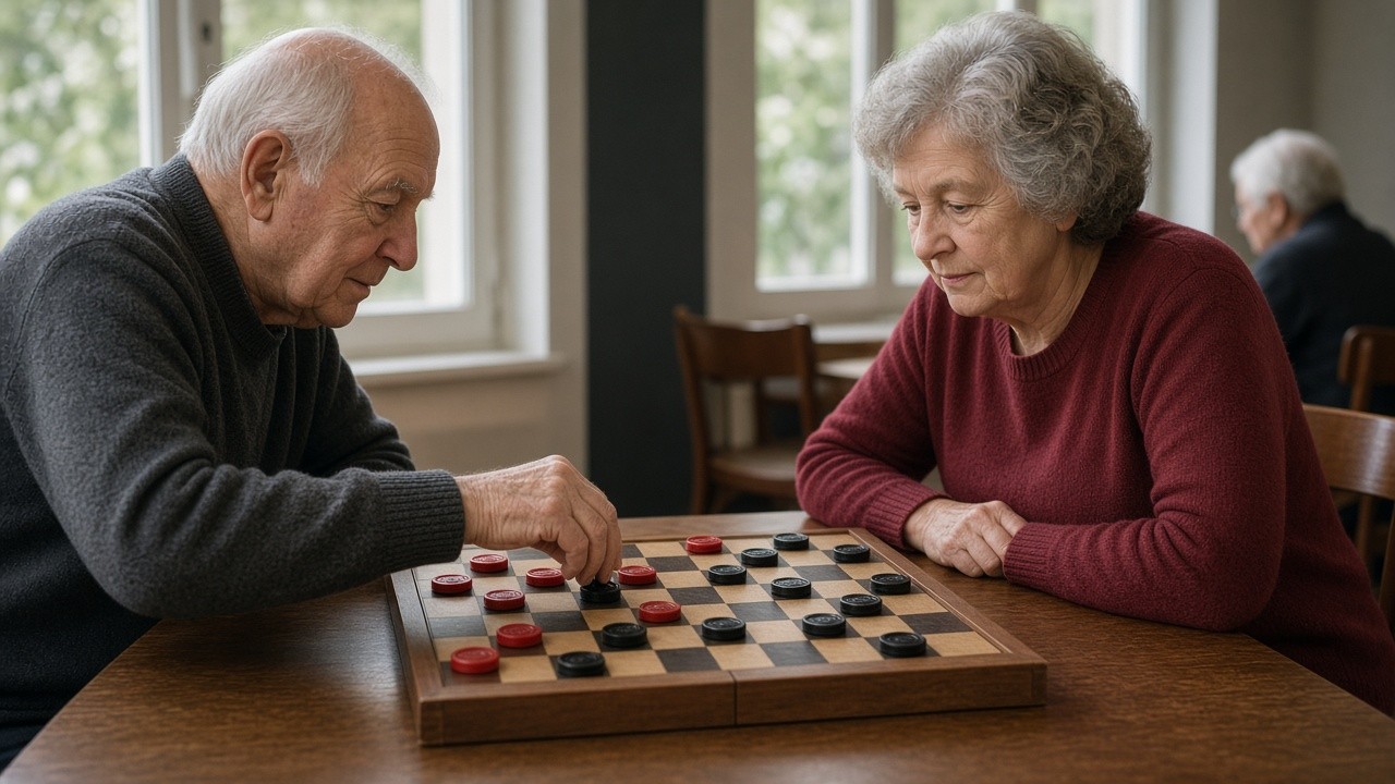 The image shows an elderly man and woman focused on a game of checkers, playing together at a wooden table in a well-lit indoor setting. The man is making a move while the woman watches intently, suggesting engagement in a mentally stimulating activity. The scene highlights the use of board games like checkers as a form of brain exercise to support cognitive function and potentially delay dementia symptoms in older adults. The background includes additional older individuals, indicating a communal or care facility environment.