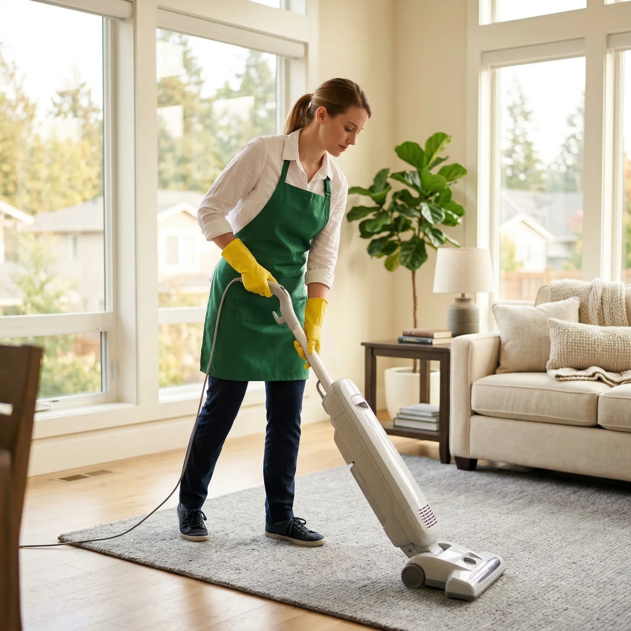 Woman in green apron vacuuming a living room with large windows.