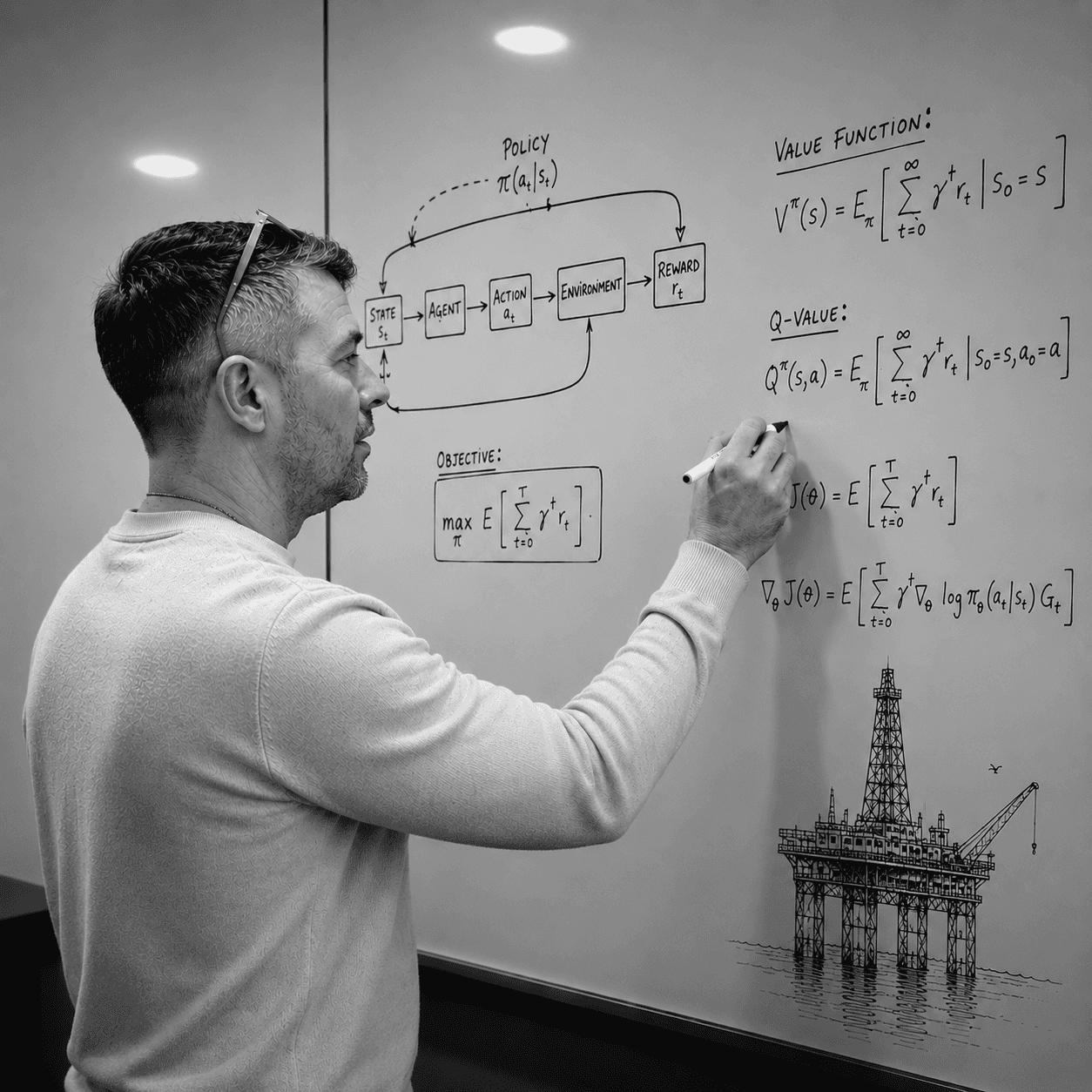 About us - section picture - Andrei writting on a board [AI generated]