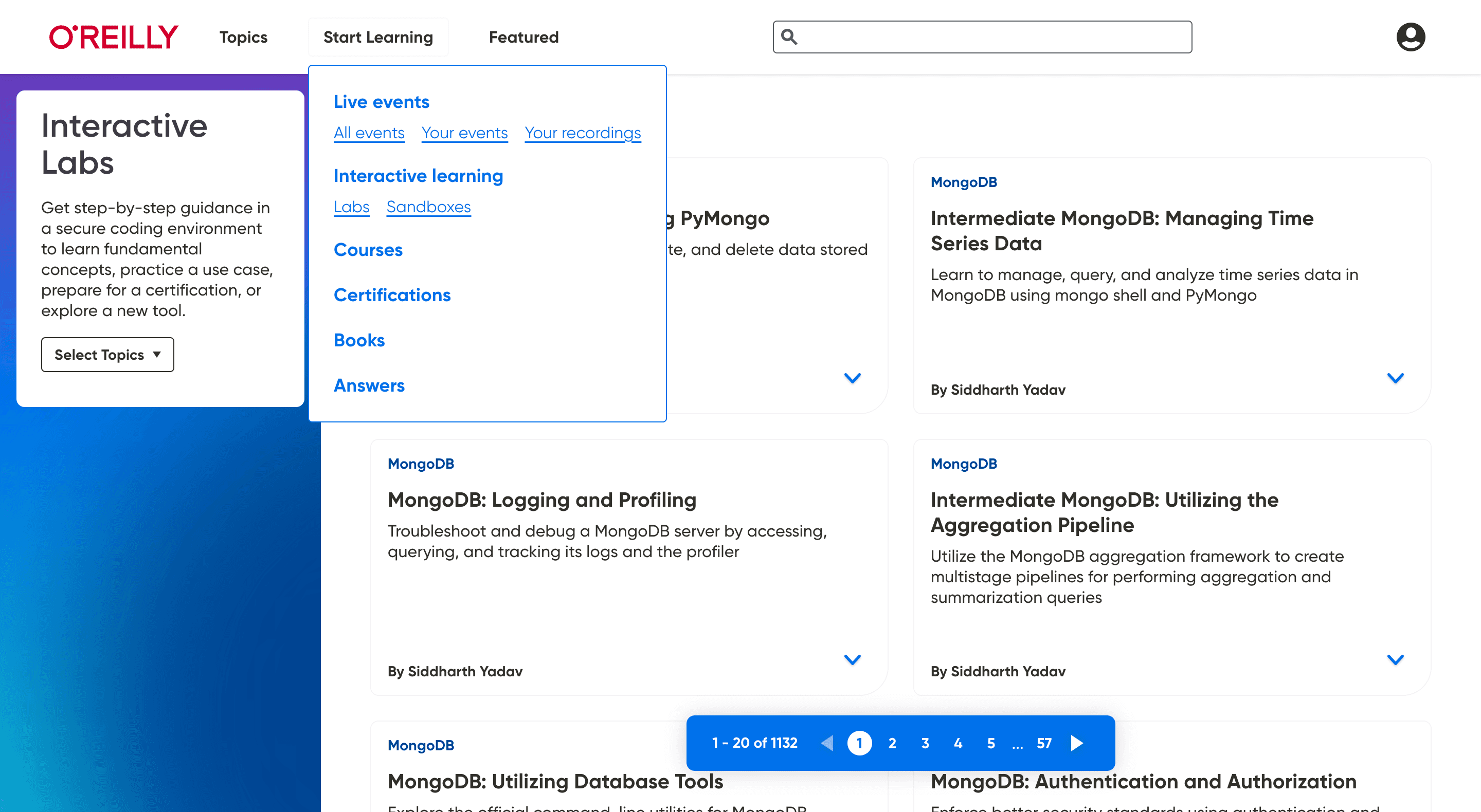 new o'reilly navigation start learning drop-down menu