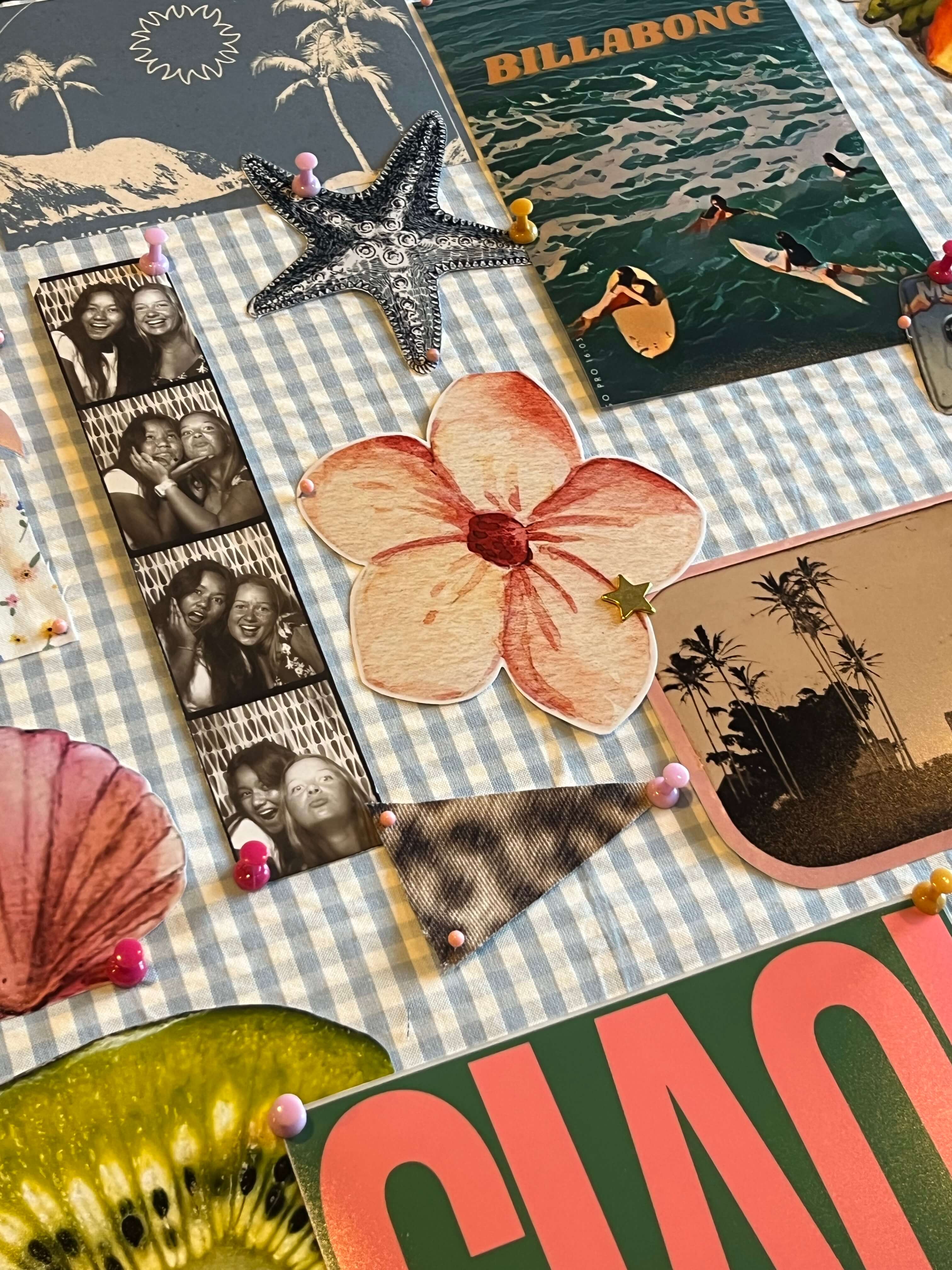 A scrapbook collage featuring a vintage photo booth strip