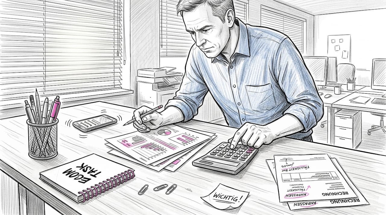 Ein Mitarbeiter wertet am Schreibtisch Geschäftszahlen aus.