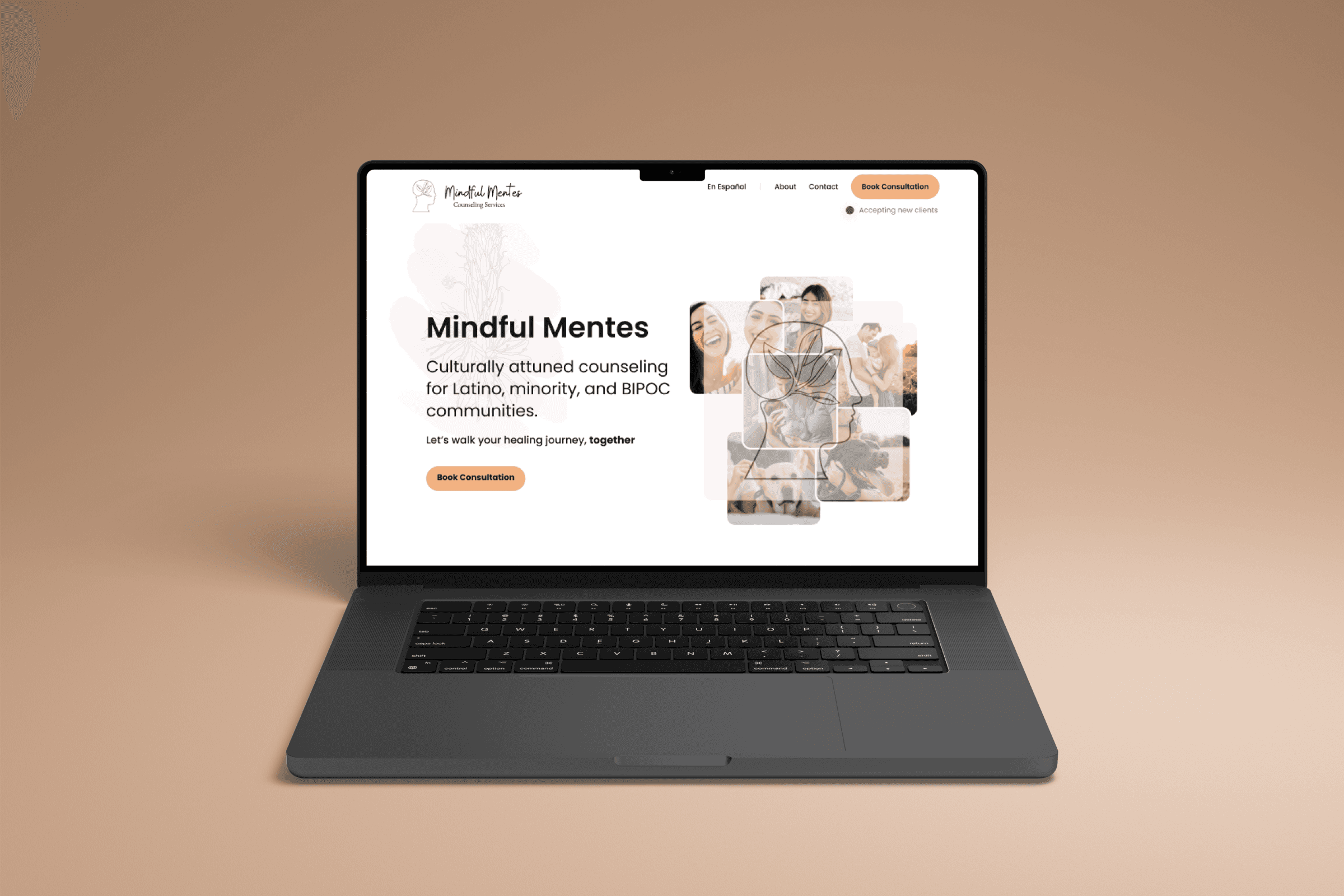 image of a computer showing the hero section of Mindful Mentes counseling services website