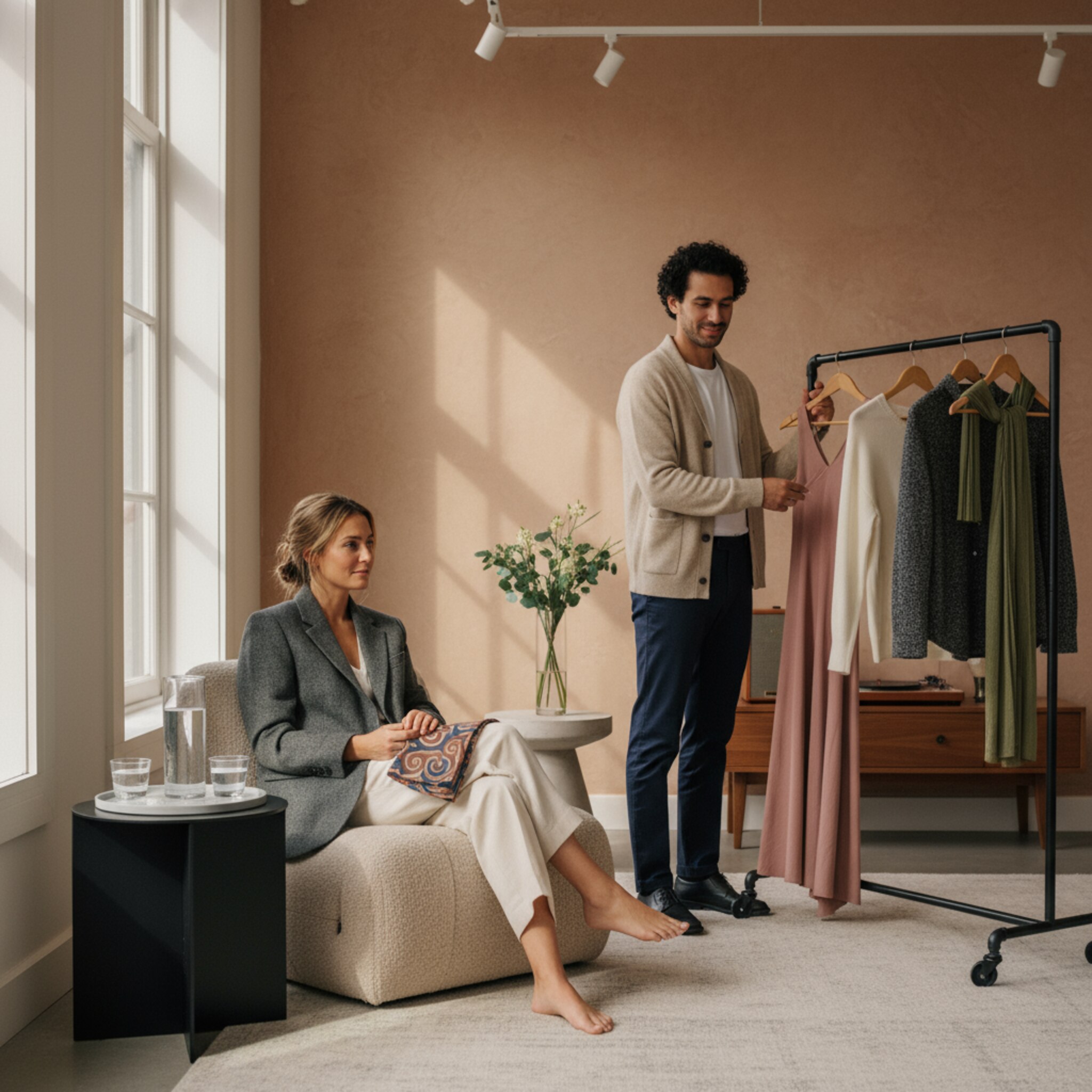 Ein Einkäufer sitzt in einer ruhigen Lounge mit niedrigen Sesseln, ein Tablett mit Wasser und Gläsern steht auf dem Beistelltisch. Ein Berater präsentiert behutsam eine limitierte Kollektion auf einem mobilen Rack. Gedämpftes Licht und dezente Musik schaffen einen privaten Moment. Der Raum wirkt exklusiv, aber einladend.