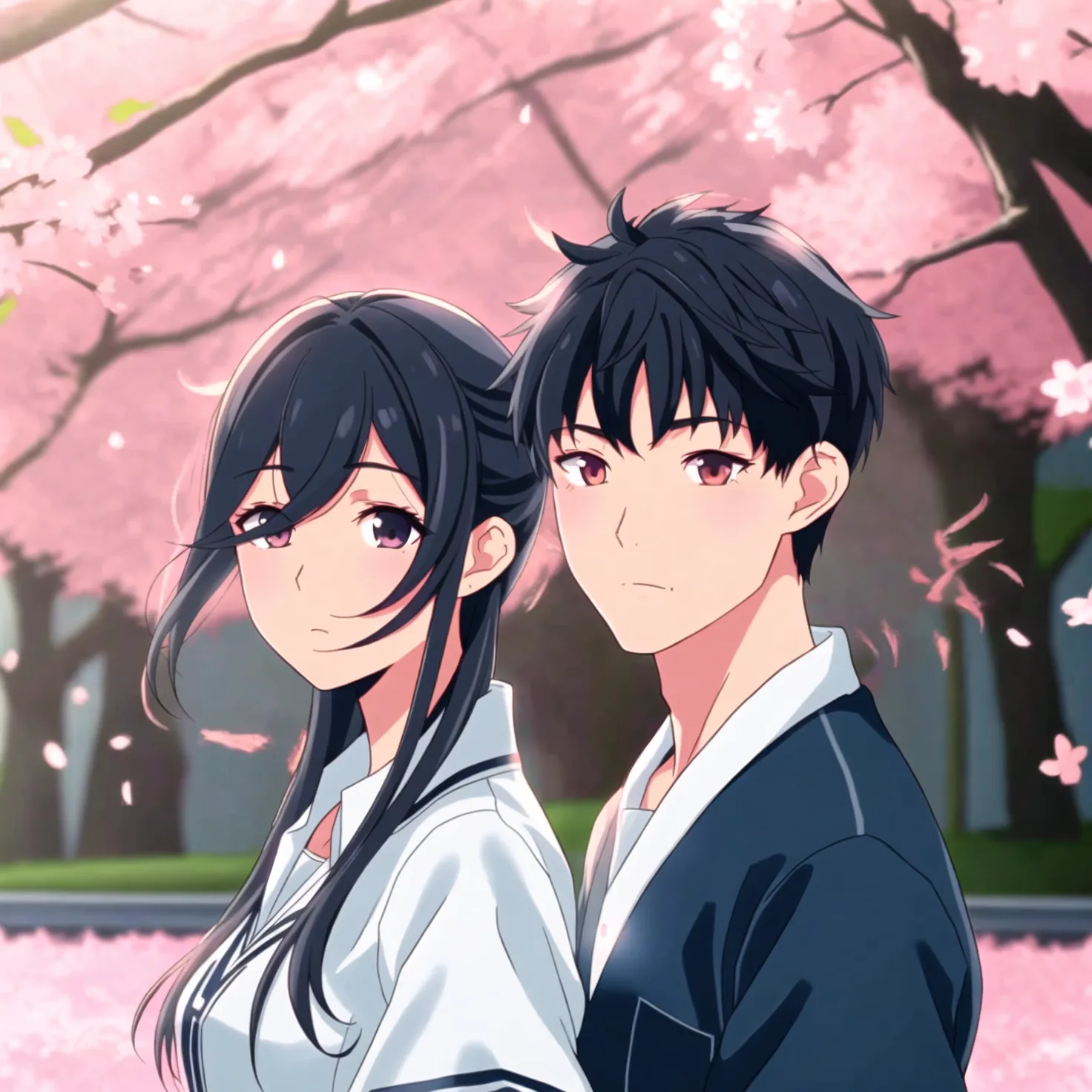 Anime character couple in a park behind a cherry blossom tree. Image generated by AI using Fuzer