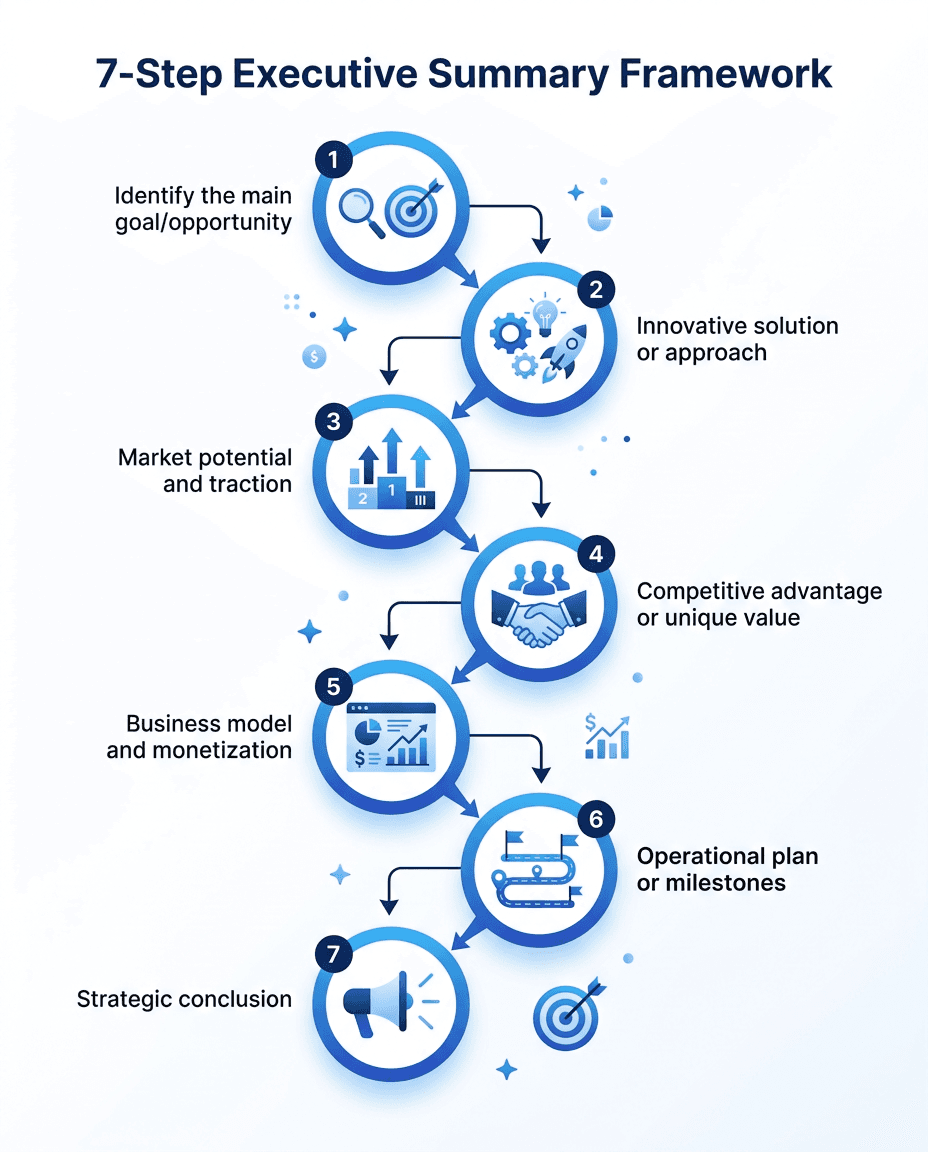 Visual flowchart of the 7-step executive summary framework showing the sequential writing process
