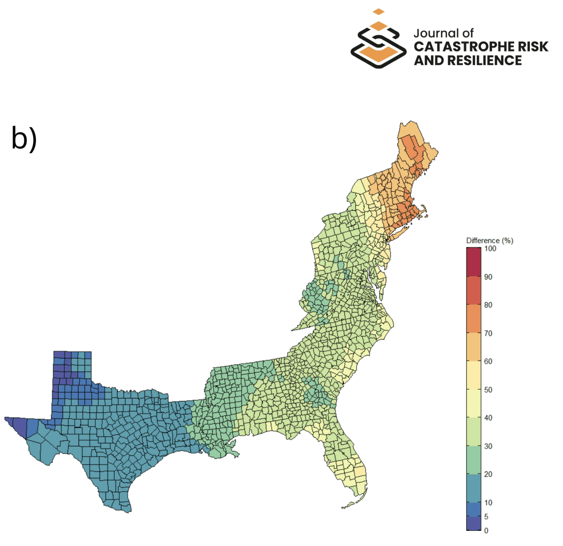 Map of change in average annual hurricane loss by US coastal county under a 2°C warming scenario, showing the greatest relative increases along the eastern seaboard. Source: Pope and Phibbs 2025, Figure 5b.