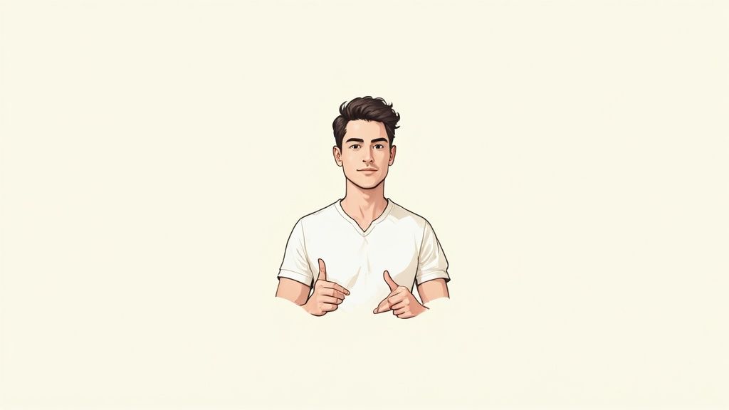 Junger Mann in weißem T-Shirt zeigt mit beiden Händen nach vorne und lächelt