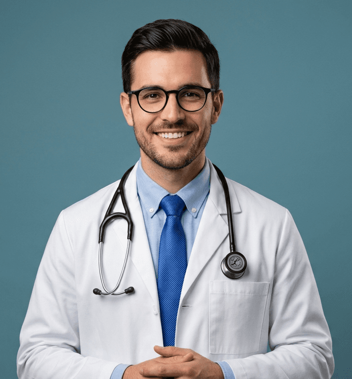 Smiling male doctor with glasses wears a white coat and blue tie, stethoscope around neck, against a plain blue background. Professional and welcoming.