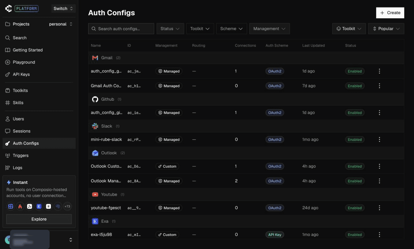 Auth Configs with the Create button