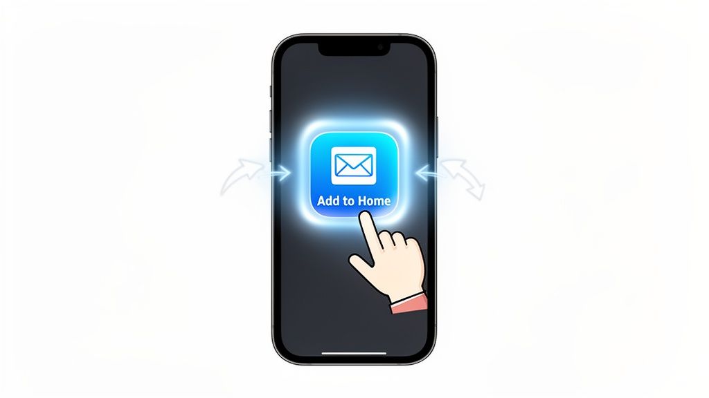 Illustrated hand tapping a glowing 'Add to Home' button with a mail icon on a smartphone screen.