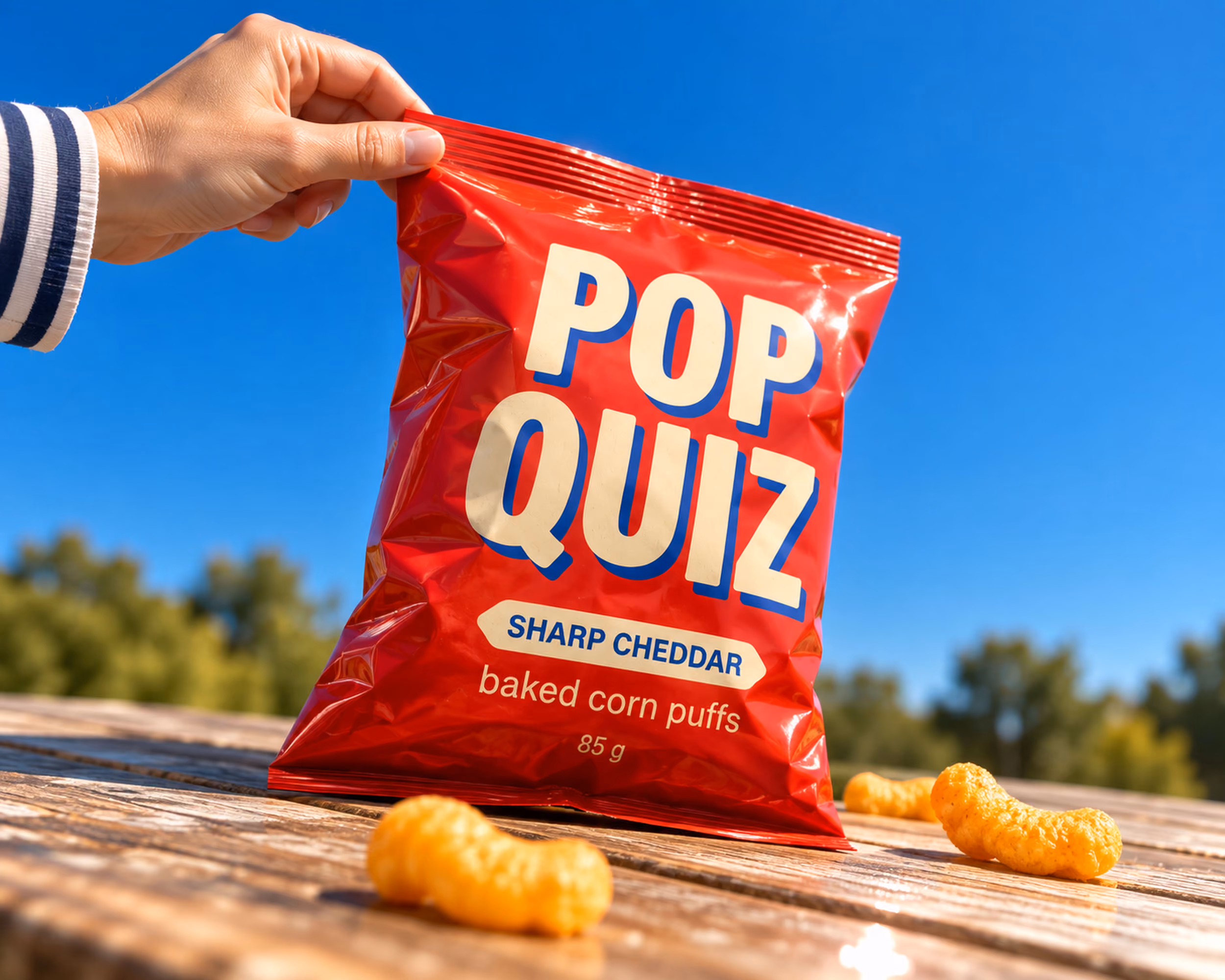 Hand holding a red Pop Quiz cheddar corn puffs bag above a picnic table