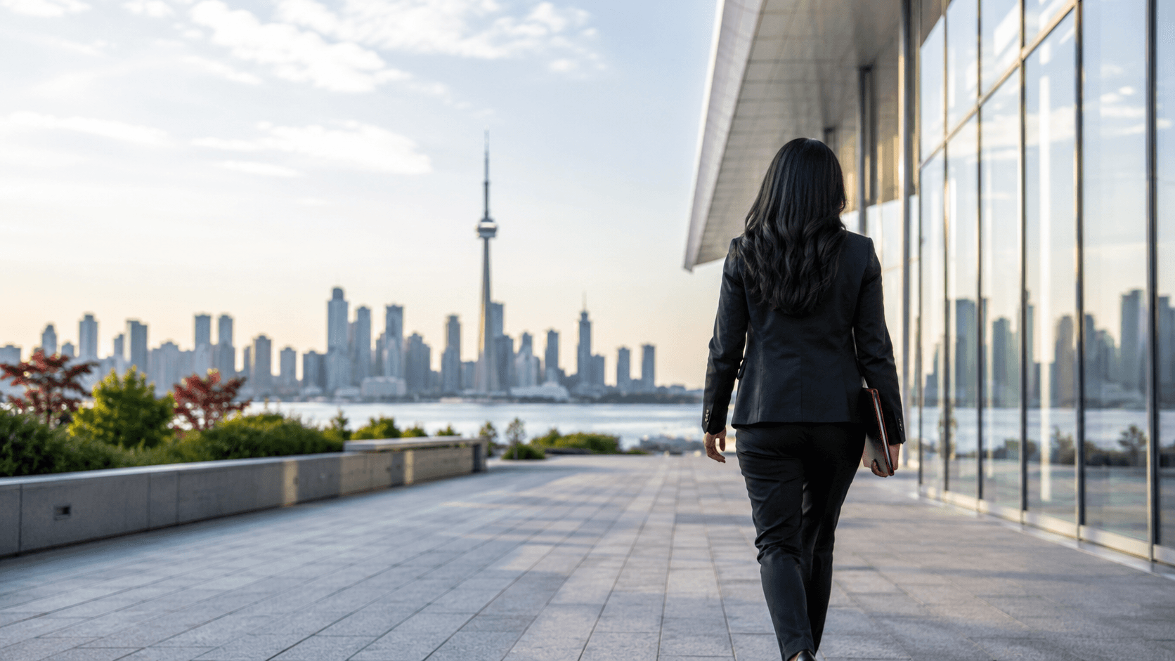 Photorealistic banner of a client walking toward the Toronto skyline with immigration documents, representing the TR to PR pathway, panel physician immigration medical exam services, and GTA Immigration Physicians in North York, Toronto.