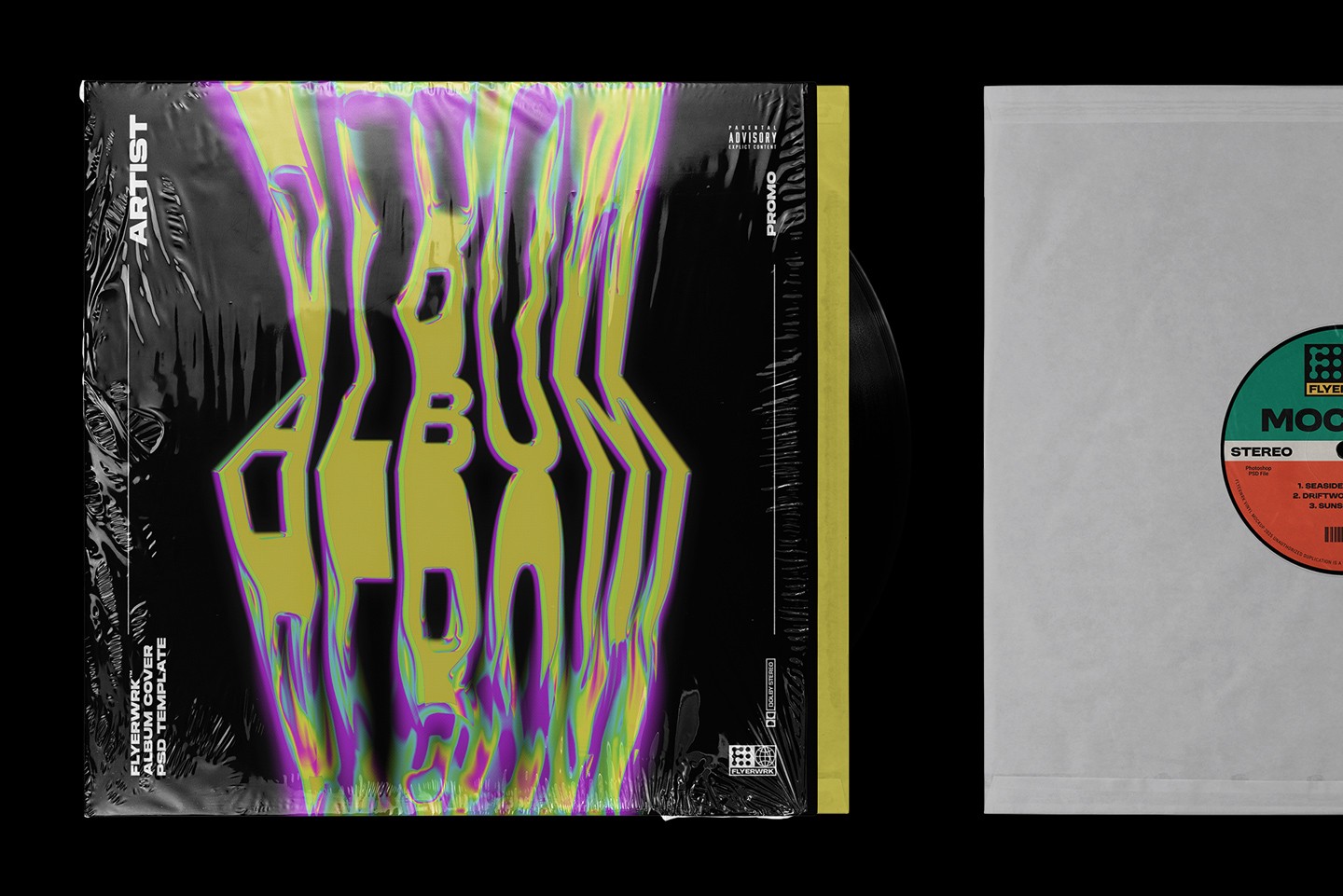 Vinyl record mockup displaying custom album cover design with colorful artwork