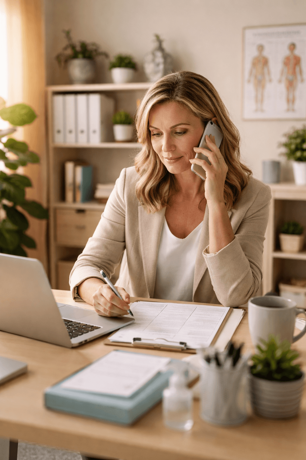 Owner operated home care agency office, single agency owner on phone taking notes while reviewing client intake forms on a laptop, warm natural light, subtle medical decor, calm and professional atmosphere. Shot on Fujifilm X-T4, aspect ratio 3:2