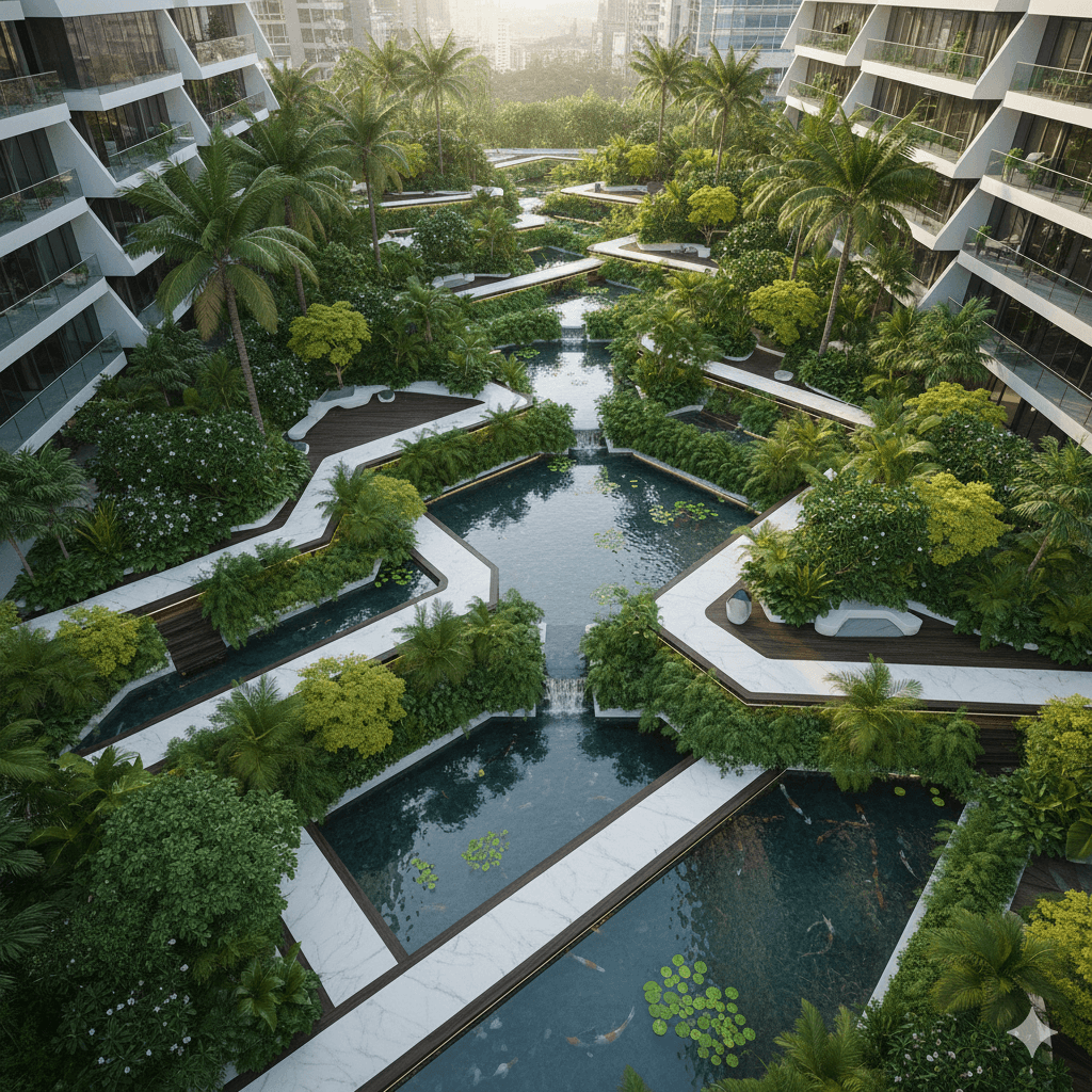 Landscaped central green park and gardens at Sector 113 Dwarka Expressway residential project.