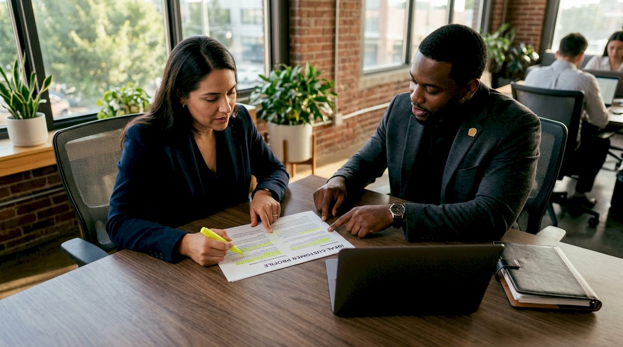 Hands reviewing ideal customer profile document