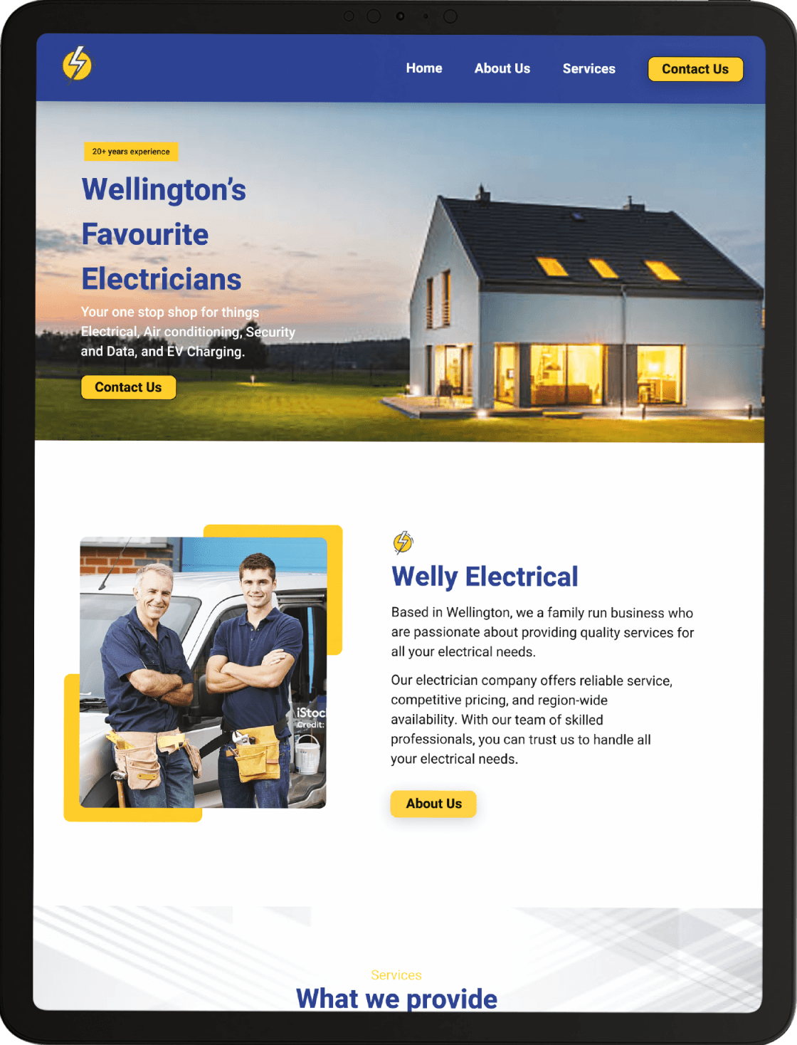 Screen capture of a website design for a Electrician