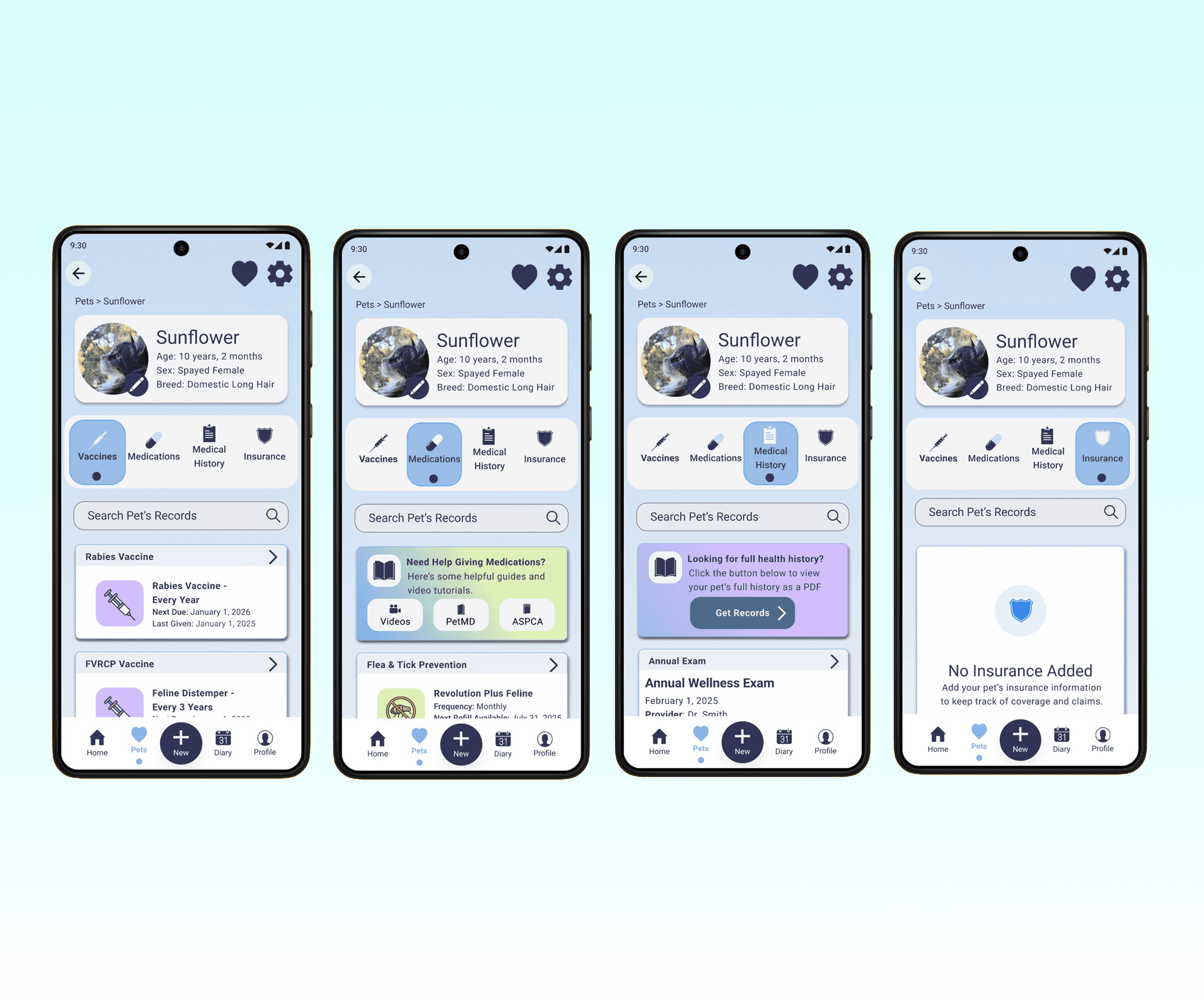 Screenshots of the 4 sections of a pet profile page including their vaccinations, medications, medical history, and insurance options