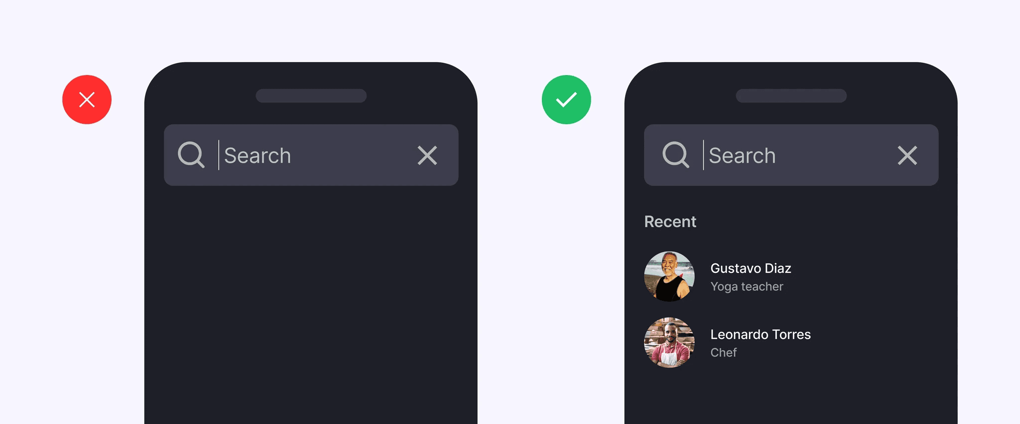 Interfaz móvil de búsqueda: pantalla vacía vs. diseño que muestra resultados recientes debajo del campo de búsqueda