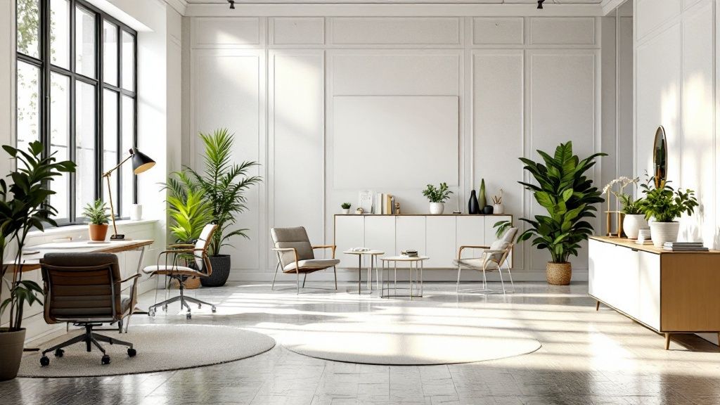 Bright and modern office space with natural light, minimalist furniture, indoor plants, and neutral-toned decor creating a calm and inviting atmosphere