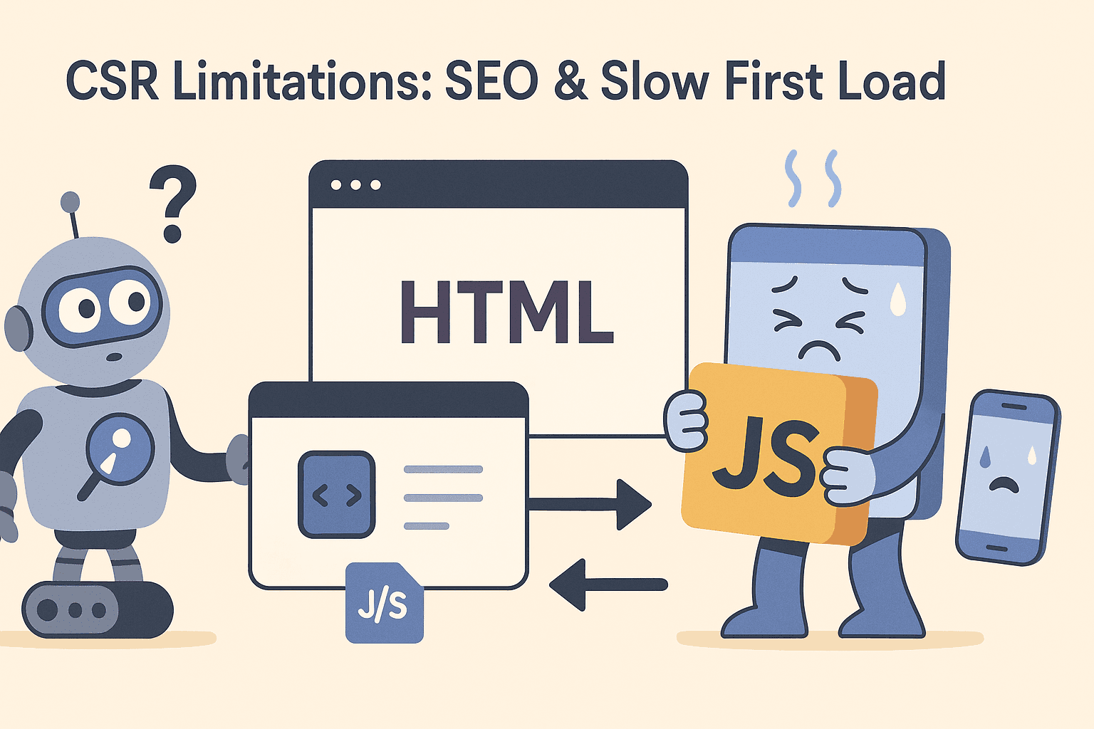 Search engine bot confused by an empty HTML page while a browser struggles under a large JS file and a mobile device overheats.