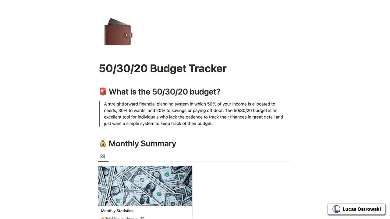 50/30/20 Budget Tracker Notion template showing wallet icon and monthly summary interface. Features explanation of the 50/30/20 rule and monthly statistics tracking panel with clean, minimalist design