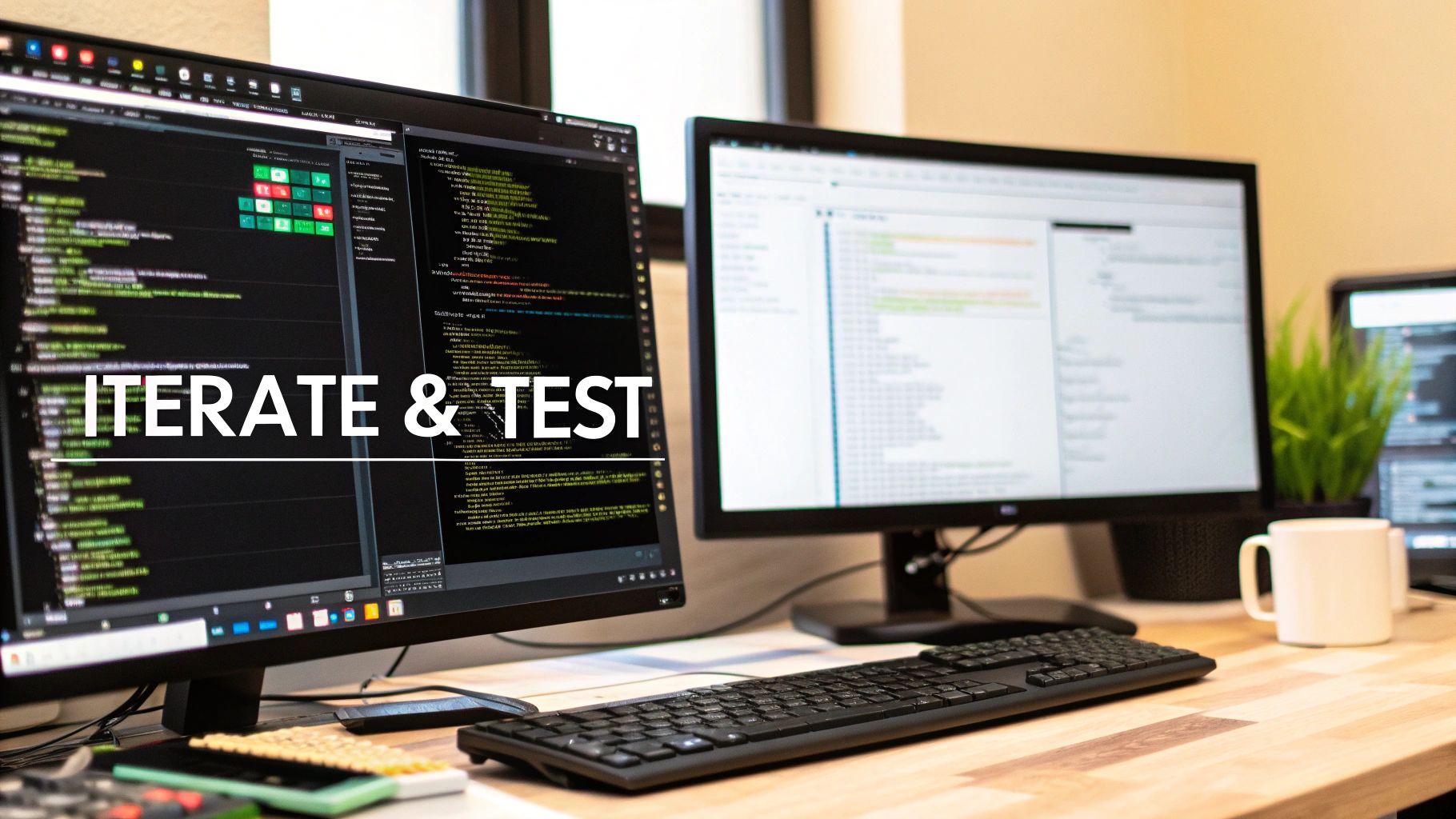 A developer testing a game on a smartphone while looking at code on a monitor.
