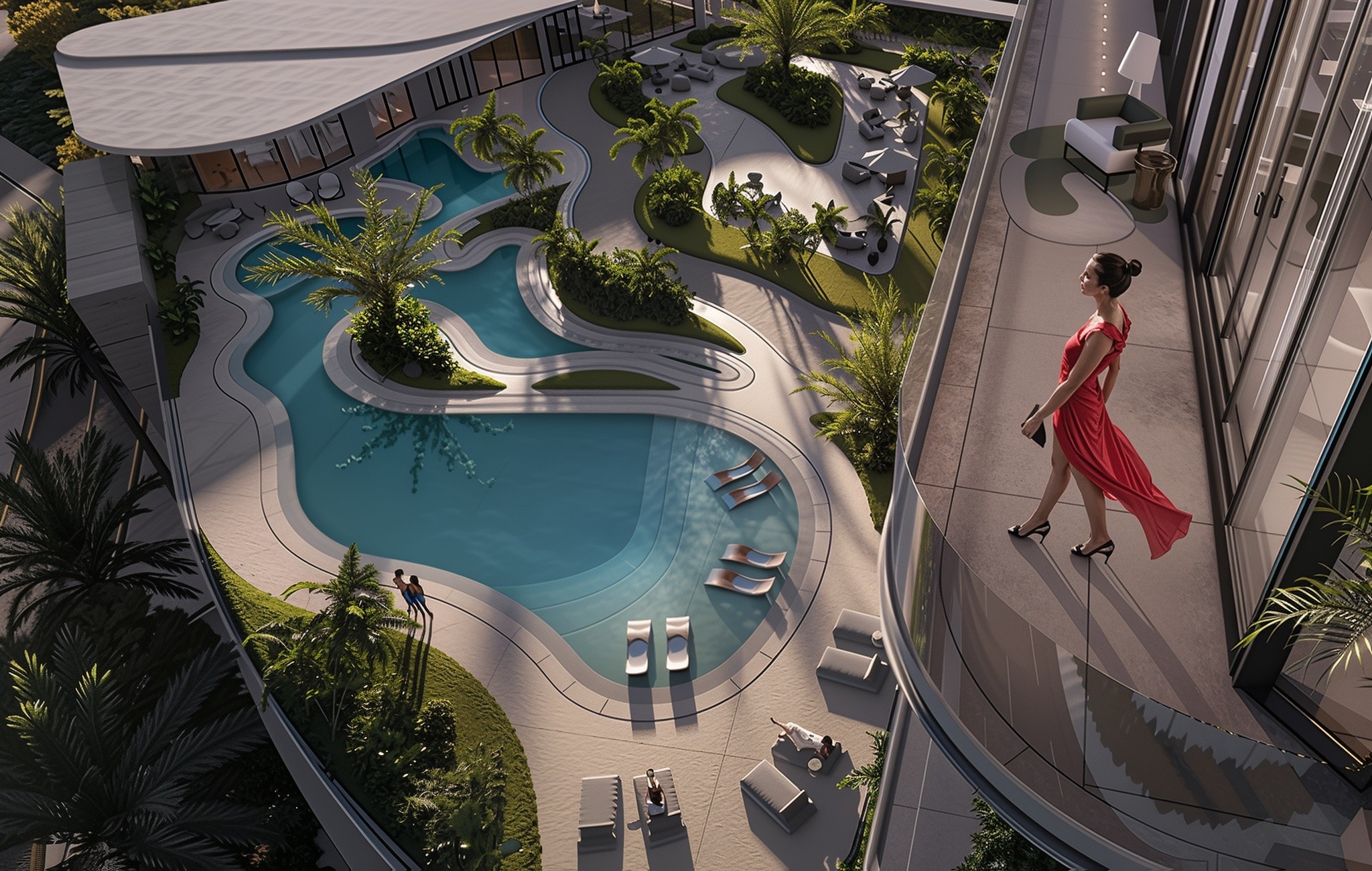 A woman in a red dress walks gracefully near a pool at the Radiant Elite Towers.