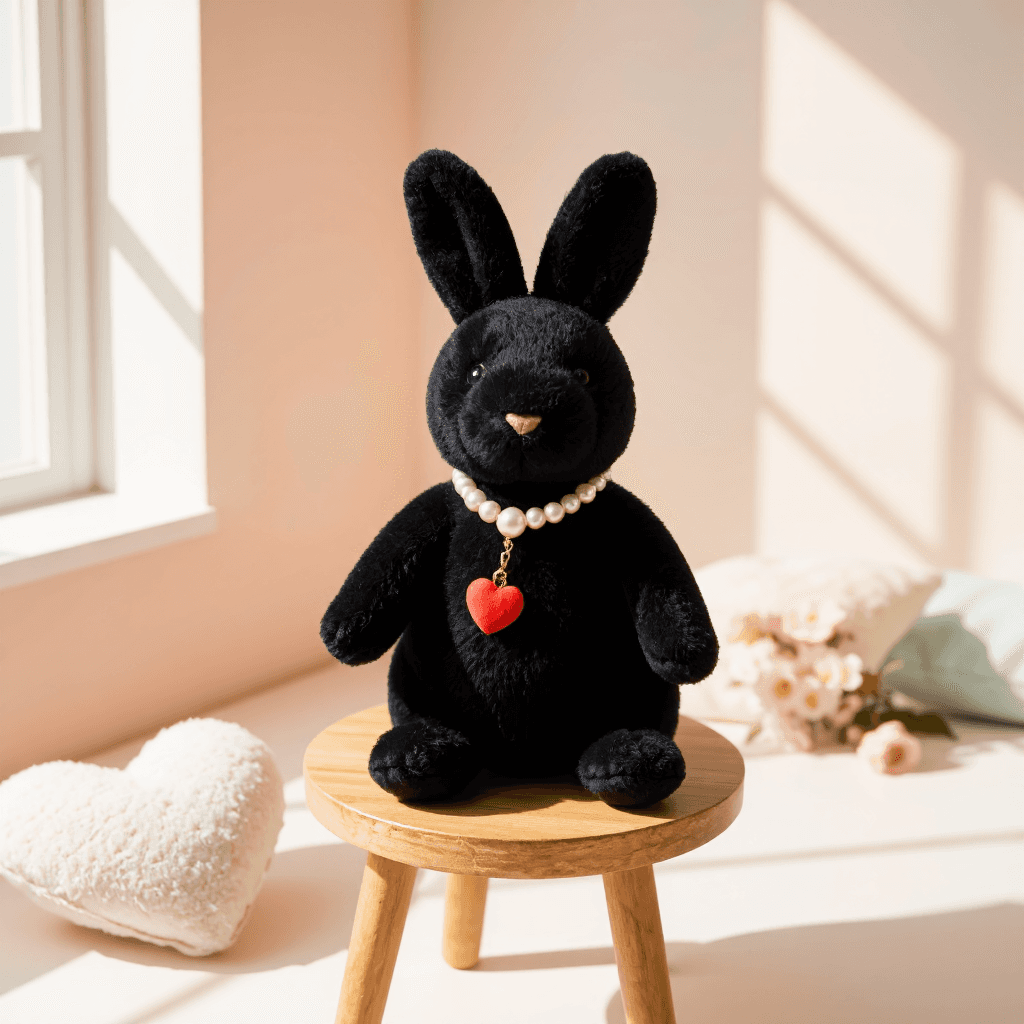 product photography of a plush keychain of a rabbit