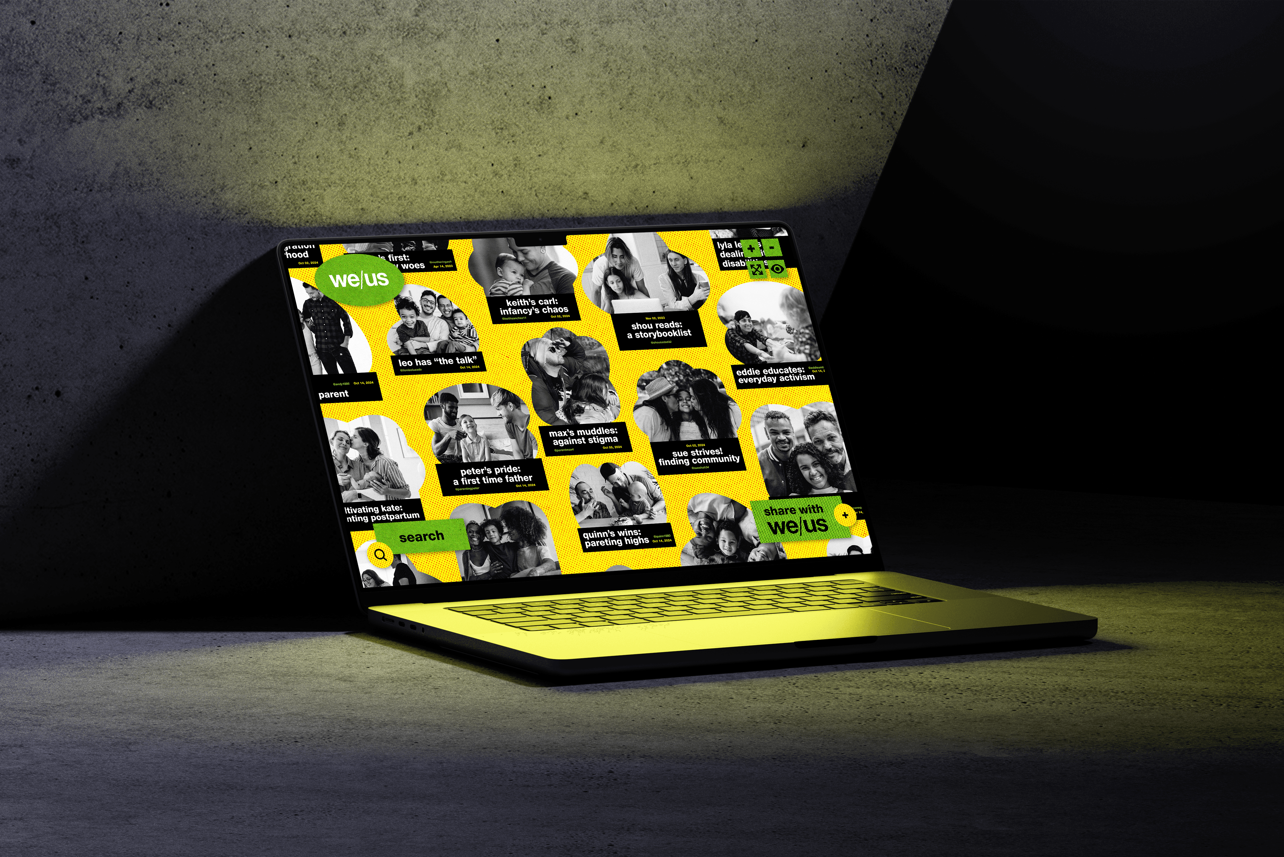 A laptop computer is open on a dark surface, displaying a yellow background with numerous black and white images of dogs. Each image has a green circular sticker with the text “WE’S HERE” and a white text box below it reading “share with us”. The laptop is angled slightly, casting a shadow to the left. The background is a dark gray concrete wall, and the surface beneath the laptop is dark gray concrete.