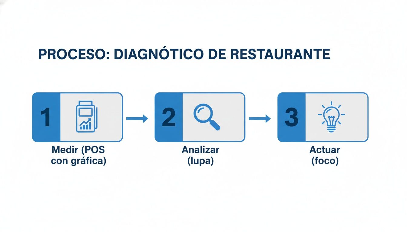 Diagrama de proceso para diagnóstico de restaurante: Medir (POS), Analizar (lupa), y Actuar (foco).